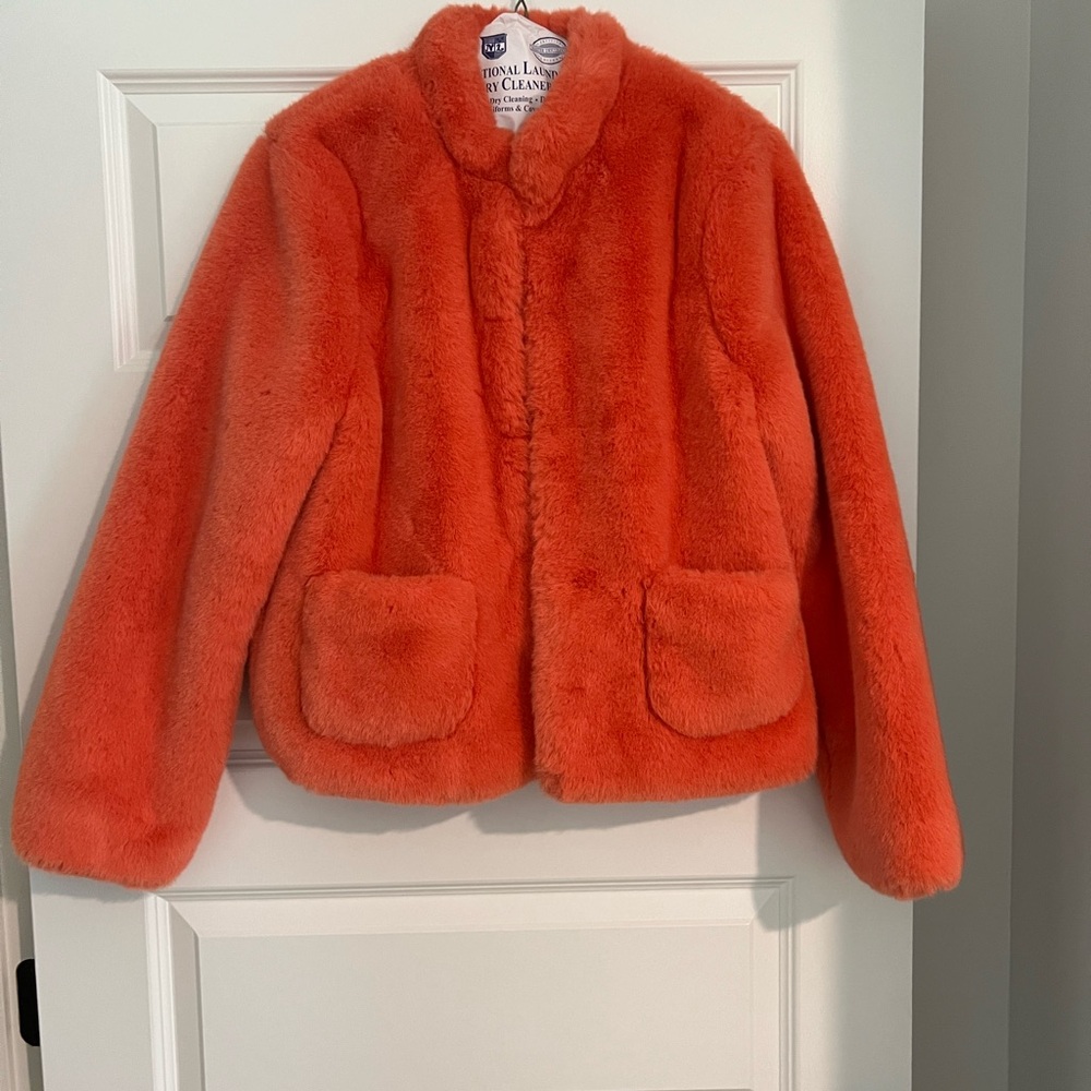 Anthropologie Vibrant Orange Faux Fur Jacket